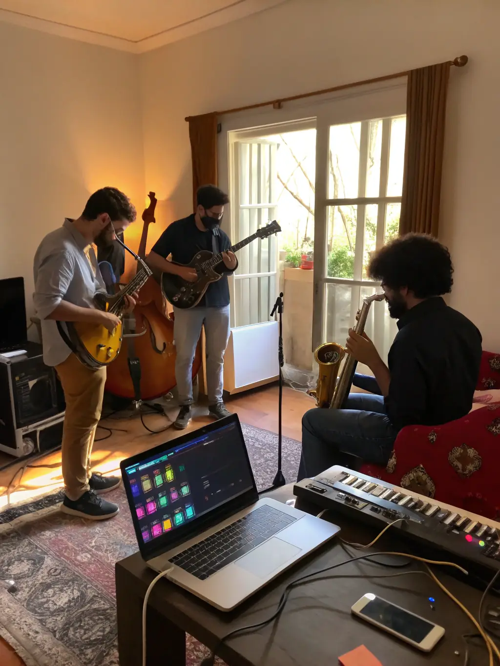 A picture of a jam session at a local jazz club, supported by La Rochelle Dixie Jazz, showing musicians of different backgrounds collaborating and creating music together.