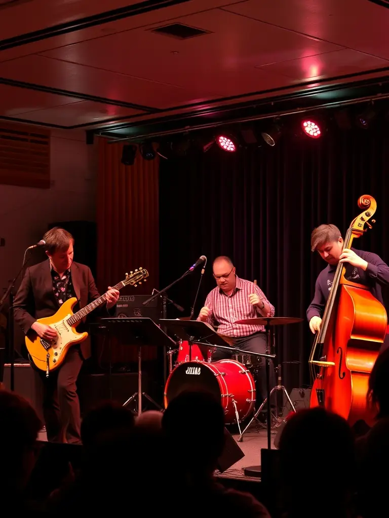A vibrant photograph capturing a live jazz performance at a community event organized by LA ROCHELLE DIXIE JAZZ, showcasing musicians passionately playing their instruments and an audience enjoying the music.