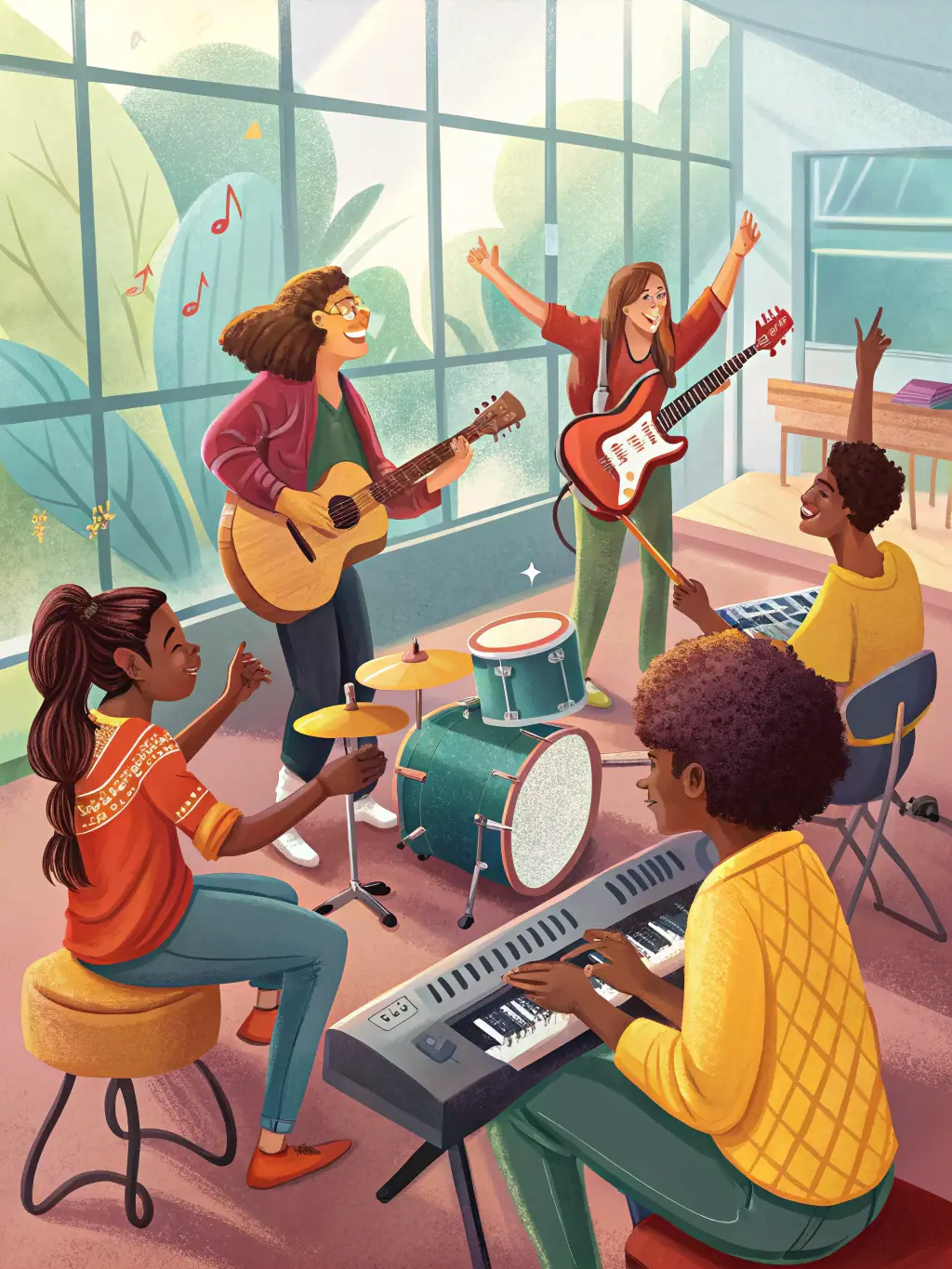 A vibrant photo of a jazz workshop in La Rochelle, featuring musicians of all ages learning from a seasoned jazz instructor, capturing the essence of intergenerational knowledge transfer.
