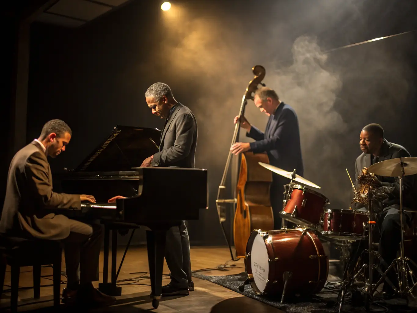 A photograph of a group of musicians collaborating during a jam session, highlighting the creative process and camaraderie within LA ROCHELLE DIXIE JAZZ.