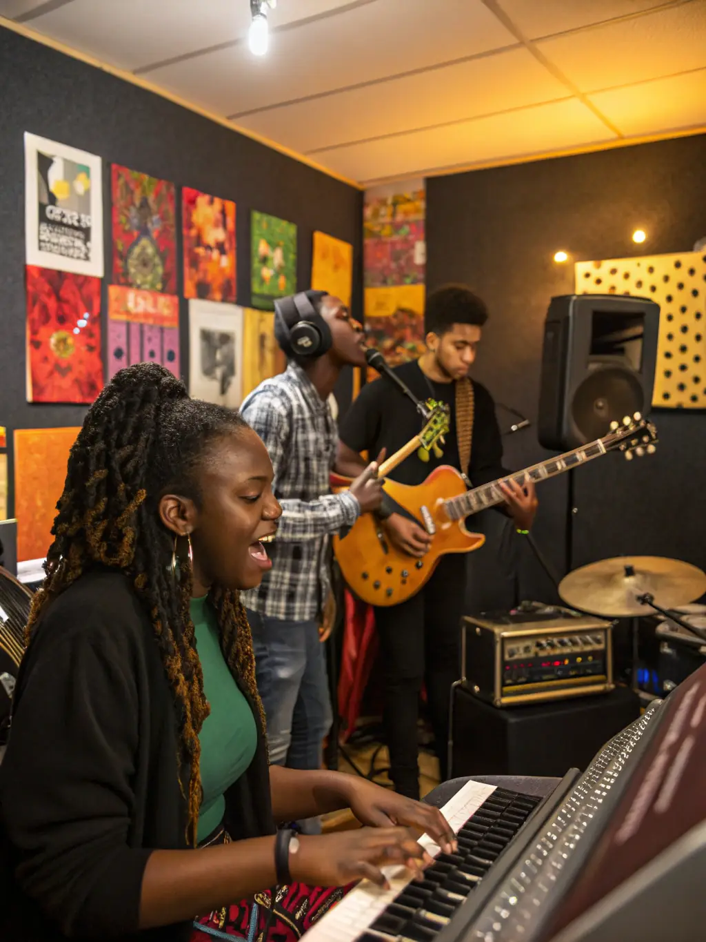 A photo of musicians from LA ROCHELLE DIXIE JAZZ collaborating with international jazz artists during a cultural exchange program, fostering artistic growth and understanding.