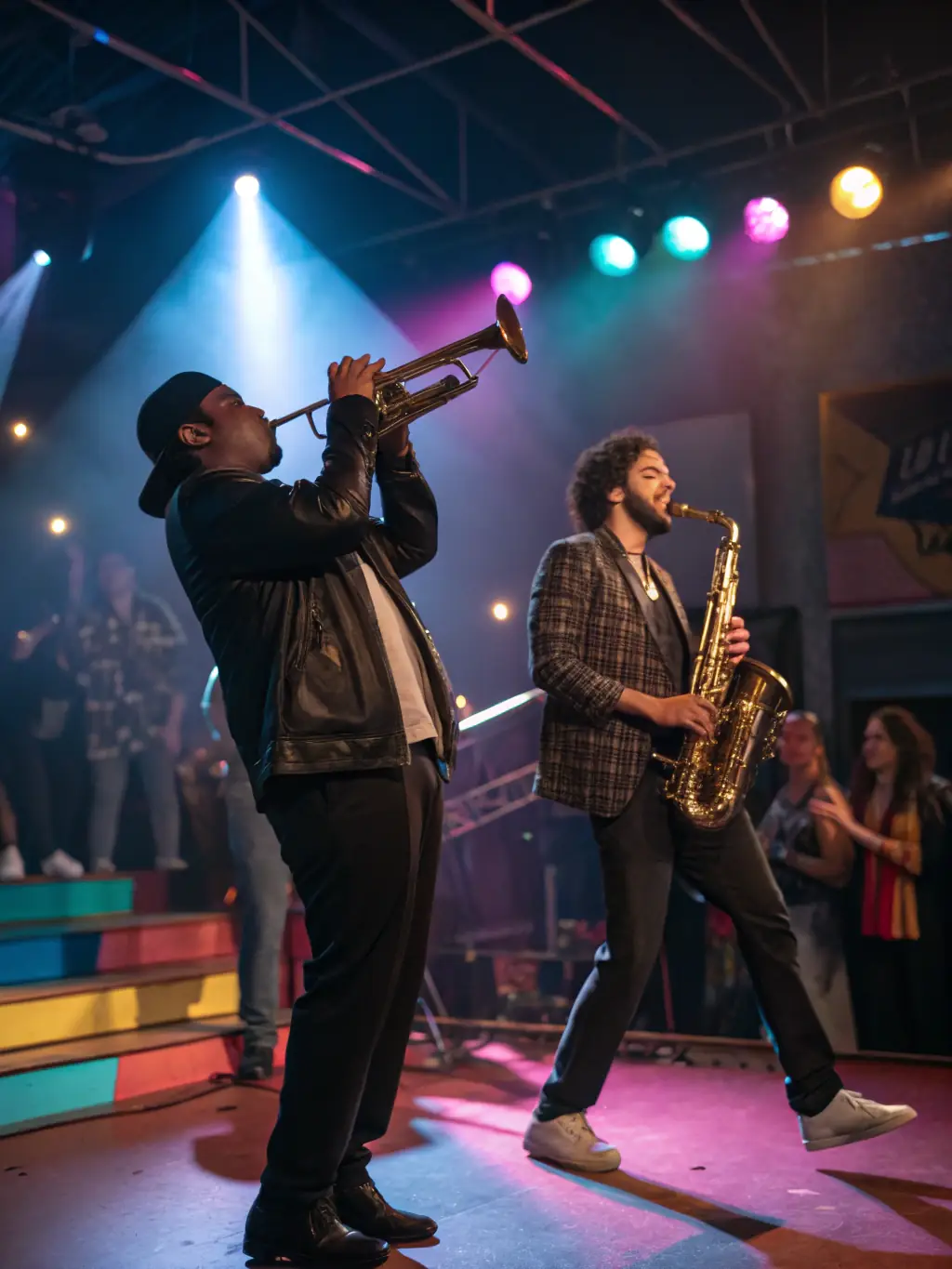 A lively image of a community jazz concert in a public square in La Rochelle, showcasing the energy and social connection fostered by the organization's events.
