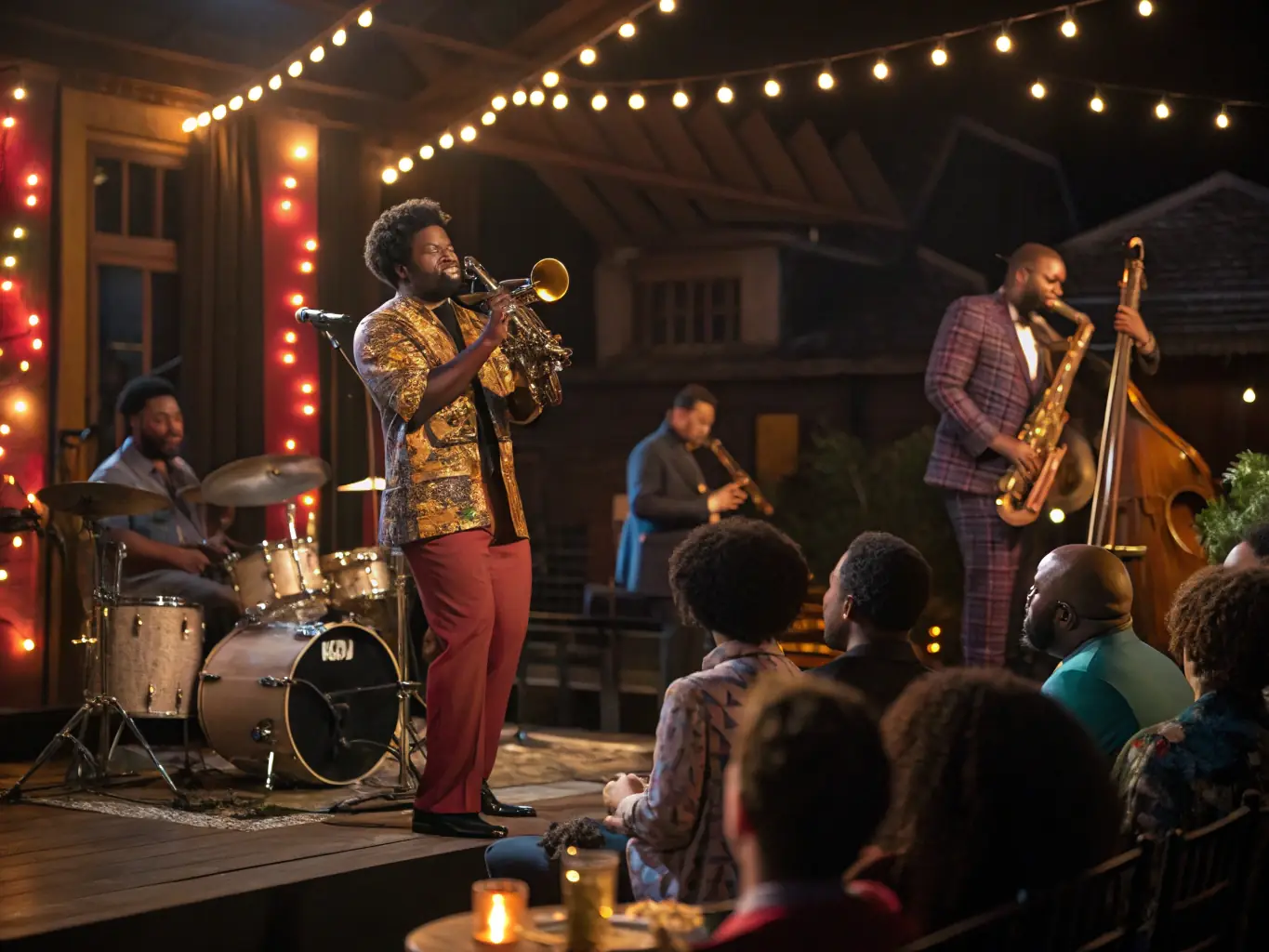 A vibrant photograph capturing a live jazz performance at one of LA ROCHELLE DIXIE JAZZ's community events, showcasing musicians in action and an engaged audience.