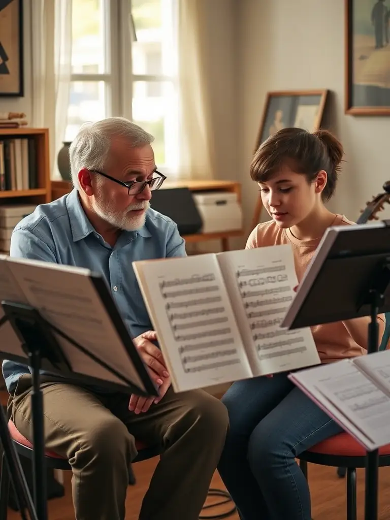 A photograph capturing a vibrant jazz workshop session, with musicians guiding young talents on various instruments, set in a community hall.